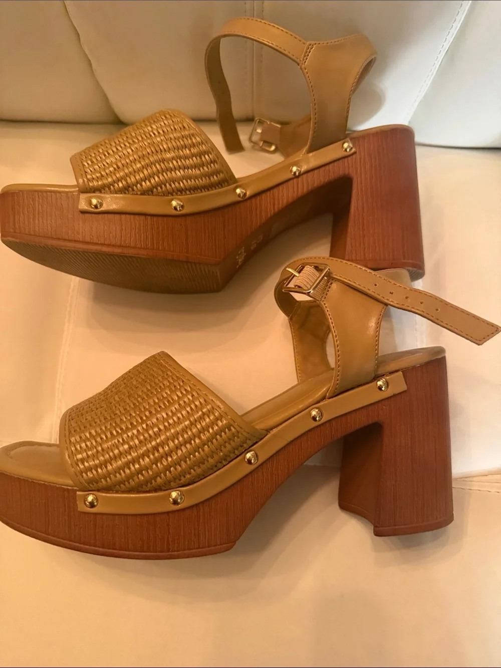 Woven Tan Platform Sandals with Ankle Strap